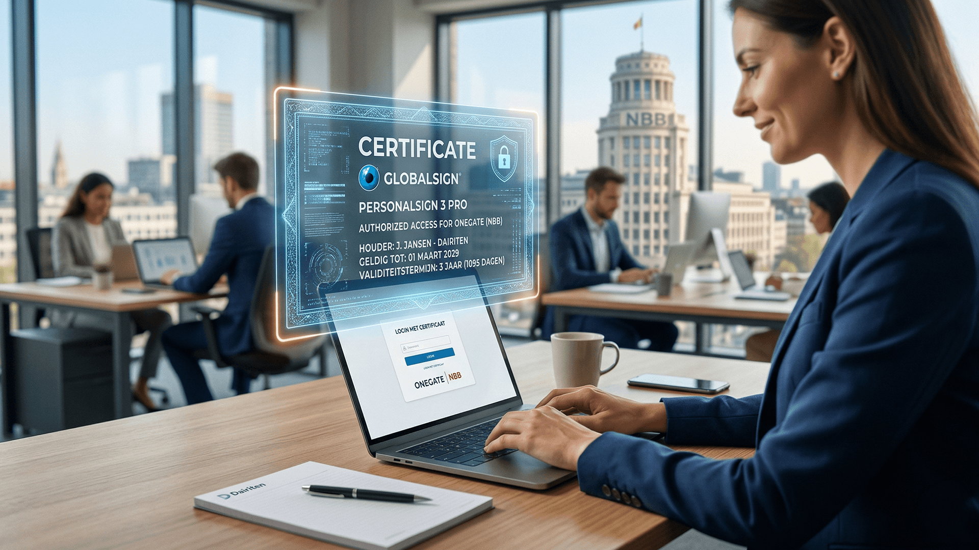 Zakelijke professional gebruikt een GlobalSign PersonalSign 3 Pro certificaat van Dairiten voor beveiligde toegang tot OneGate van de Nationale Bank van Belgi&euml; (NBB).